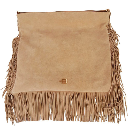 Baldinini Trend Chic Beige Suede Fringe Shoulder Bag