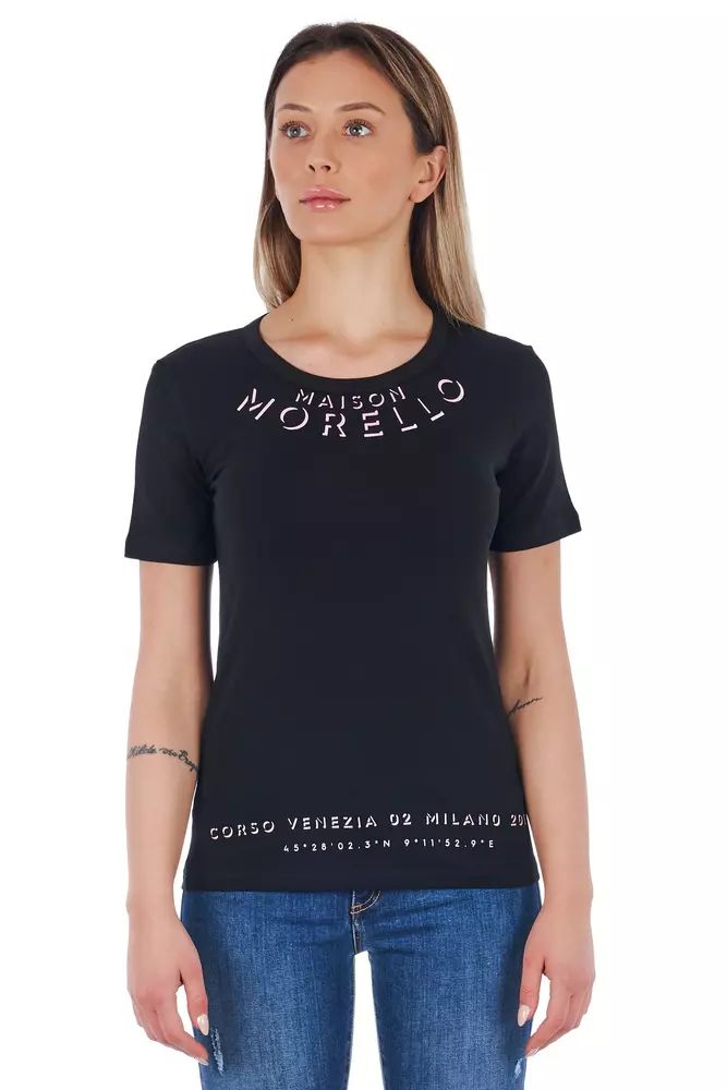 Frankie Morello Sleek Black Cotton Blend Tee with Front Print