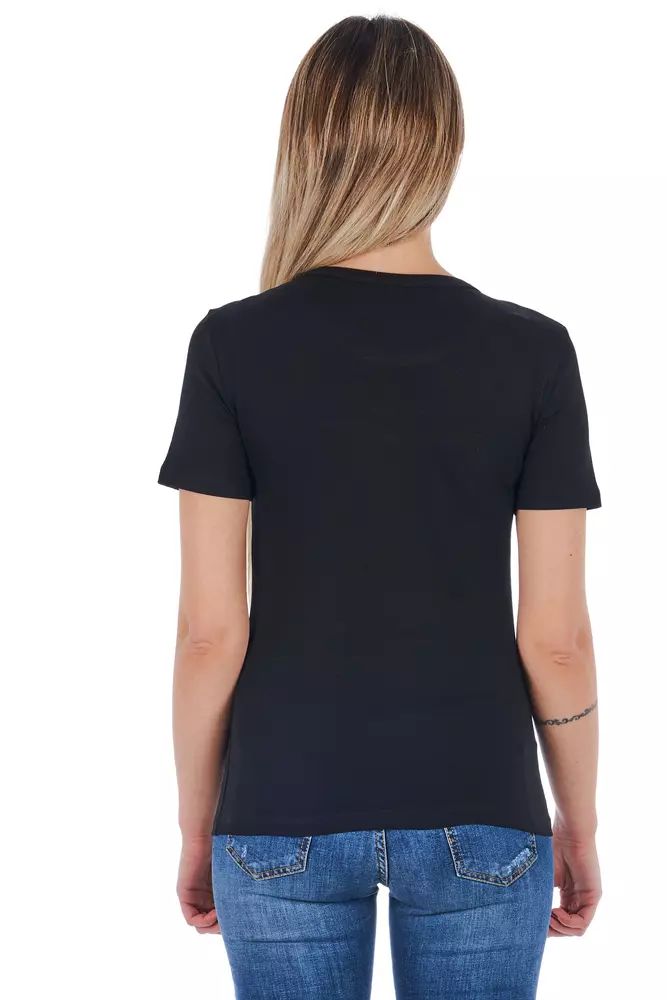 Frankie Morello Sleek Black Cotton Blend Tee with Front Print