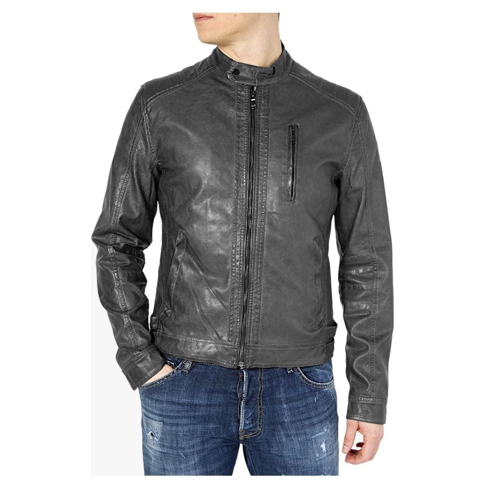 Yes Zee Sleek Eco-Leather Zip-Up Jacket with Button Details