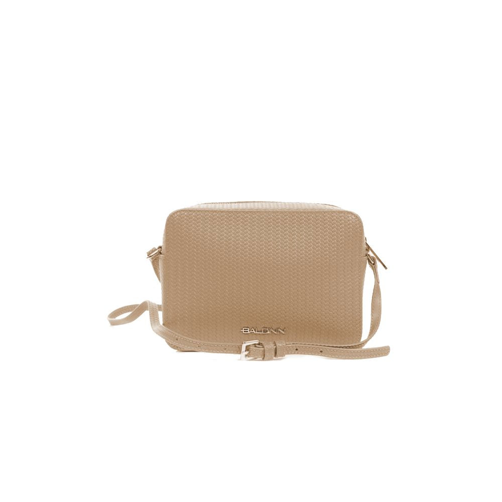 Baldinini Trend Chic Beige Calfskin Camera Bag with Woven Motif