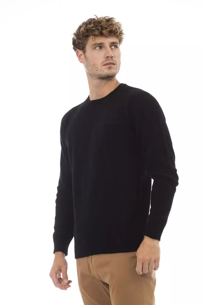 Alpha Studio Elegant Crewneck Pocket Sweater in Black