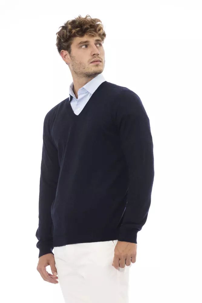 Alpha Studio Sumptuous V-Neck Blue Sweater for Elegant Evenings