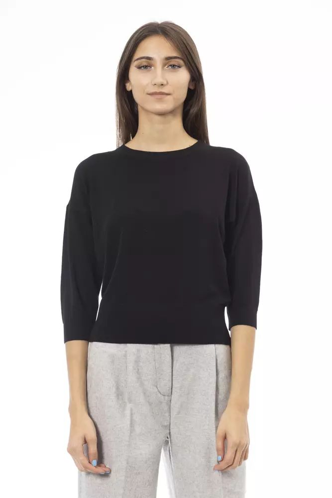 Alpha Studio Elegant Black Crew Neck Sweater with Short Sleeves