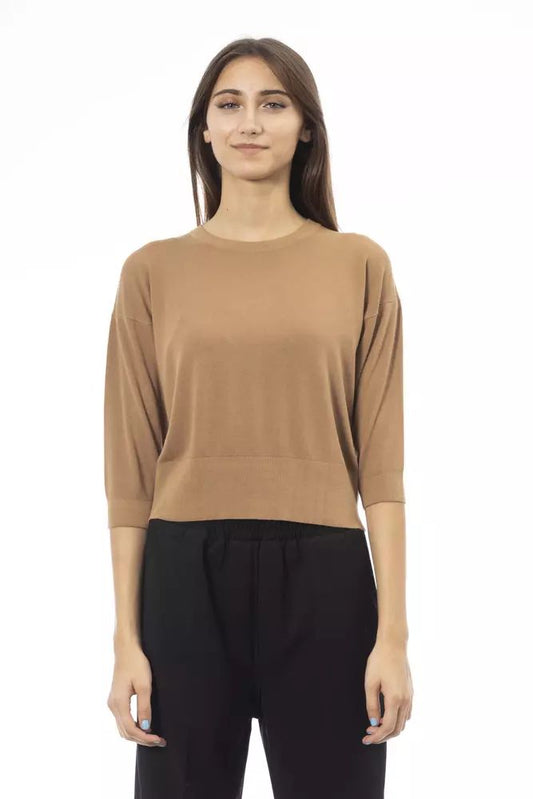 Alpha Studio Elegant Beige Crew Neck Short Sleeve Sweater