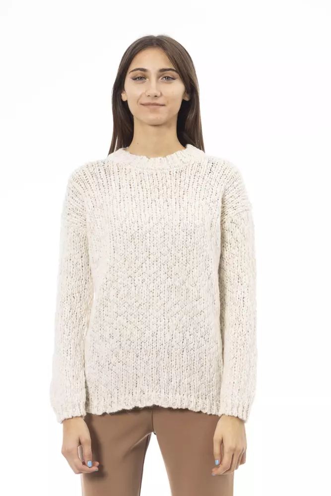 Alpha Studio Elegant White Crew Neck Sweater