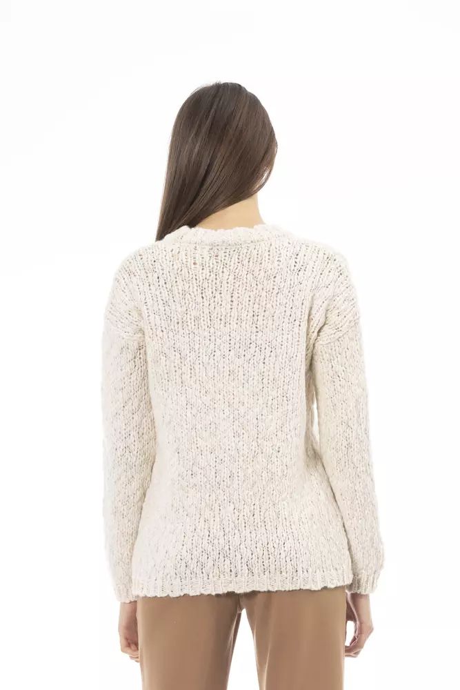 Alpha Studio Elegant White Crew Neck Sweater