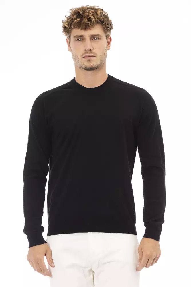 Alpha Studio Sleek Black Crewneck Sweater for Elegant Evenings