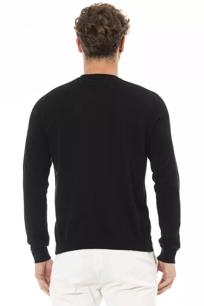 Alpha Studio Sleek Black Crewneck Sweater for Elegant Evenings