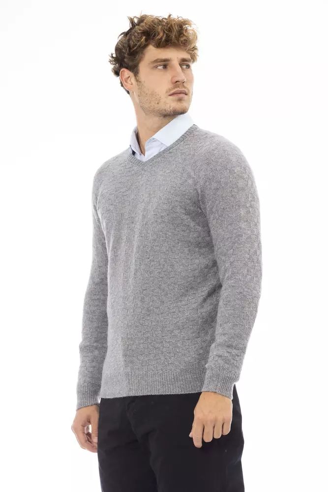 Alpha Studio Chic Gray V-Neck Cashmere-Blend Sweater