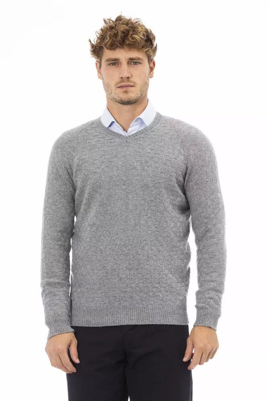 Alpha Studio Chic Gray V-Neck Cashmere-Blend Sweater