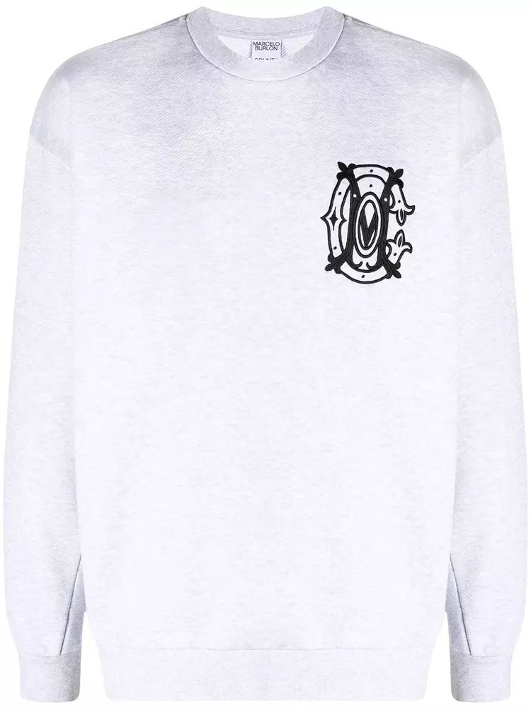 Marcelo Burlon Embroidered Logo Grey Crewneck Sweatshirt