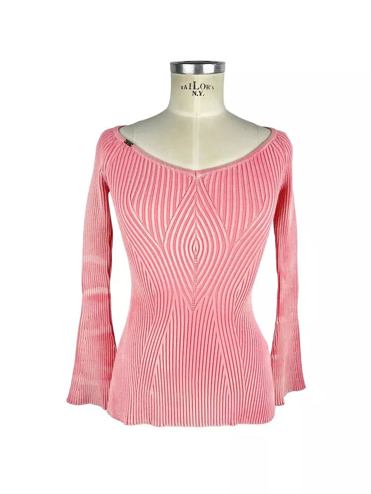 Elisabetta Franchi Peony Pink Long-Sleeved Ribbed V-Neck Sweater